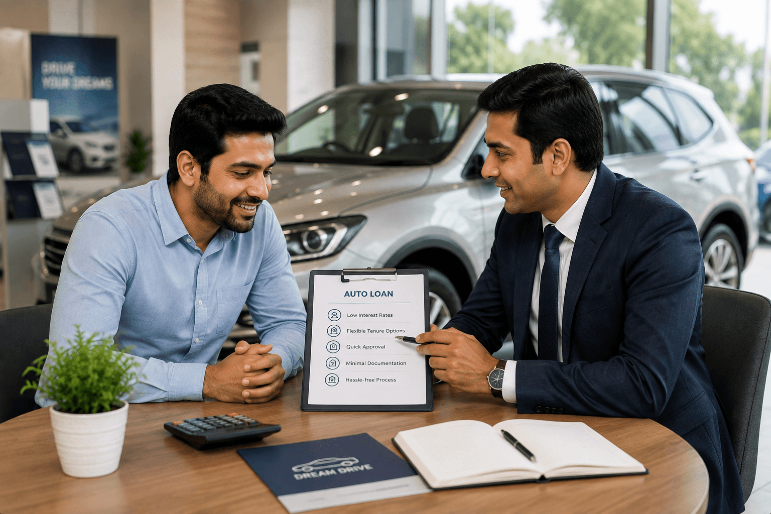 A Sidhvik FinSol advisor discussing auto loan options with a customer at a car dealership