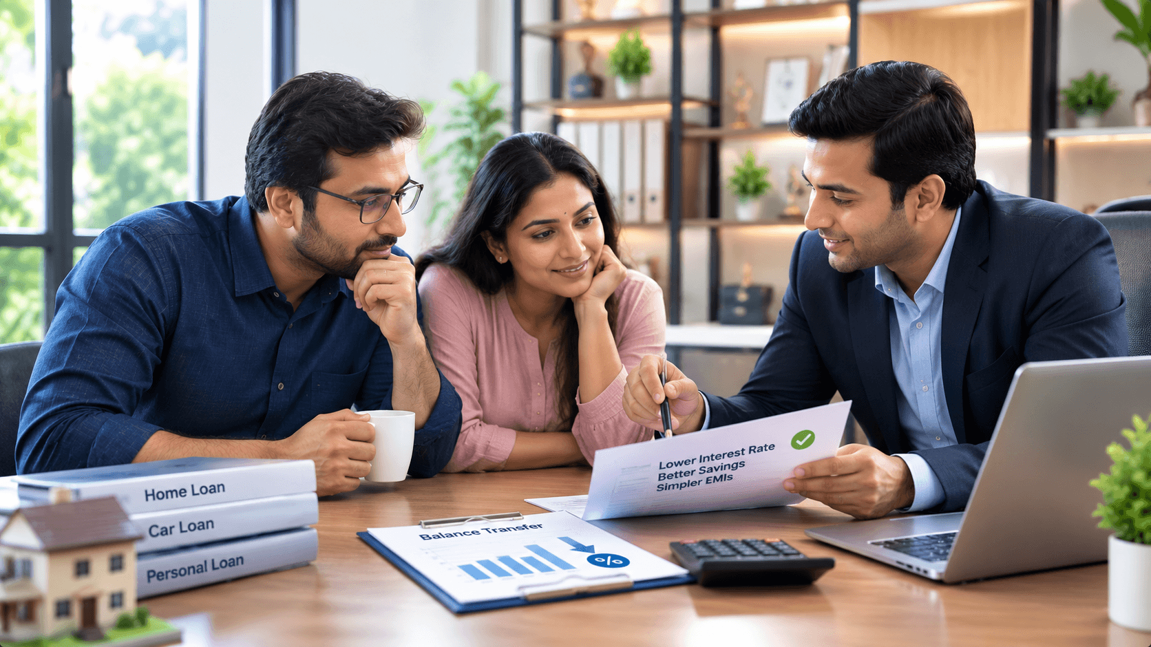 A couple reviewing balance transfer loan options with a Sidhvik FinSol advisor