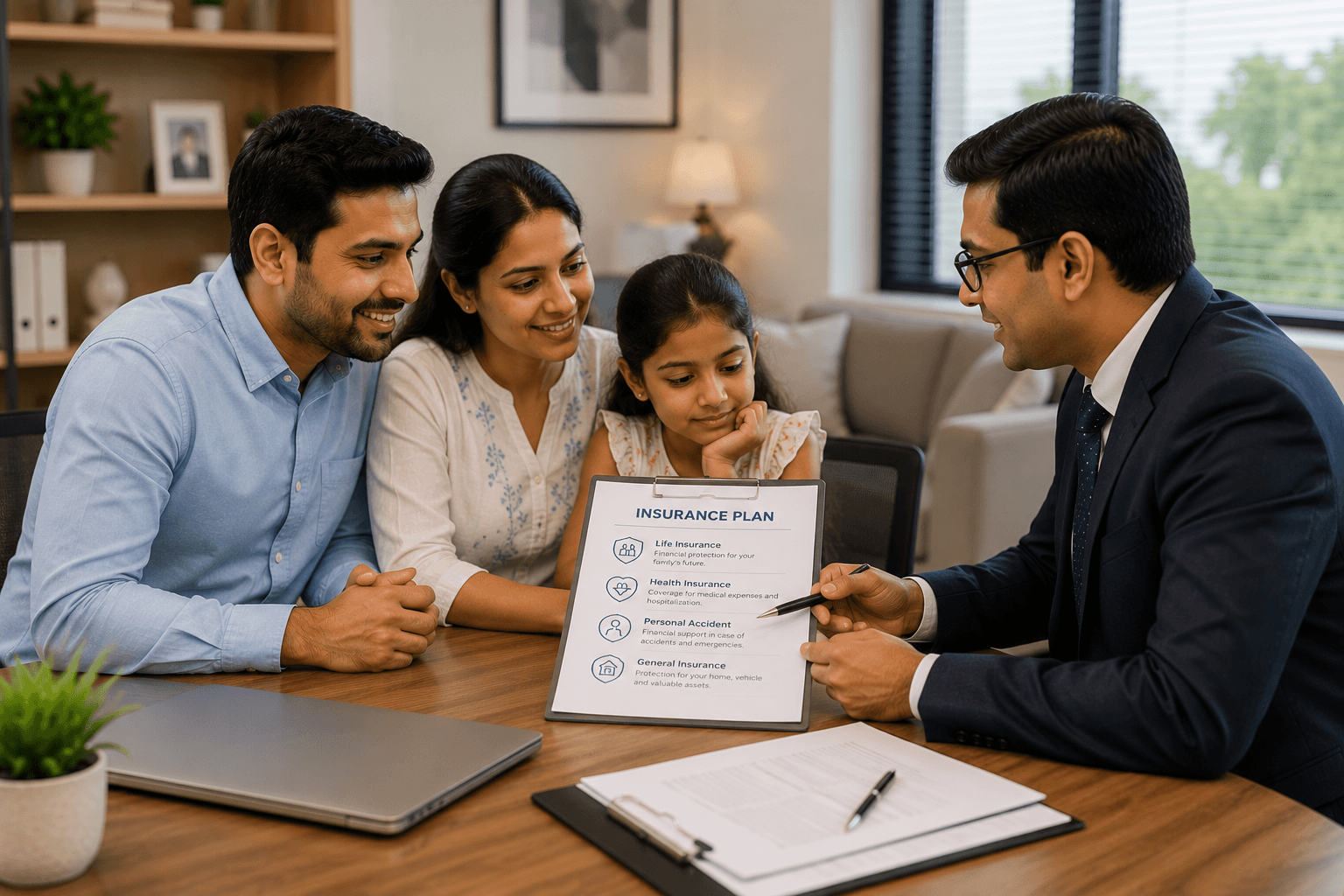 A family reviewing an insurance plan with a Sidhvik FinSol advisor